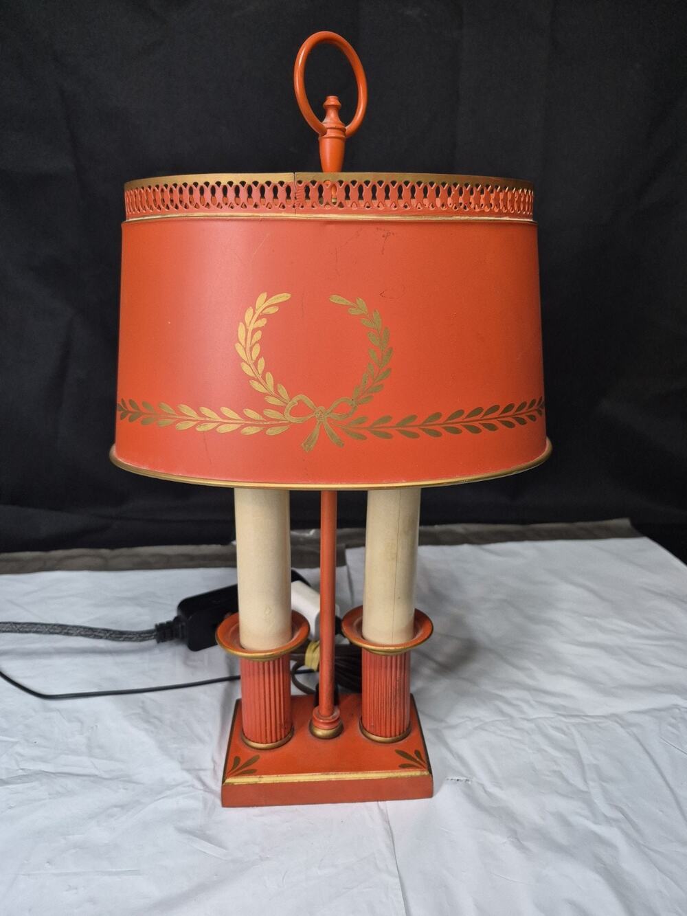 Vintage French Style Tole Bouillotte Table Lamp w/Two-Light Candle Clean & Works